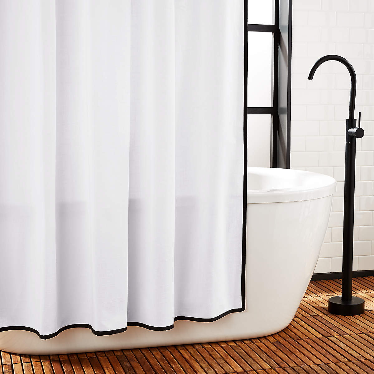 CB2 - Capri Organic Cotton White With Black Boarder Shower Curtain 72"